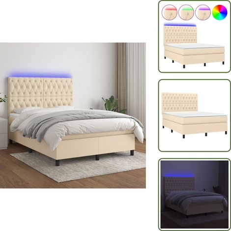 Cama con cabecero ajustable - vidaXL Cama box spring colchón y luces LED tela crema 140x190 cm - Colchón ensacado