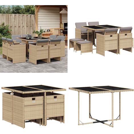 9-tlg. Garten-Essgruppe mit Kissen Beigemischung Poly Rattan - Gartentisch - Gartenstuhl (1/5)
