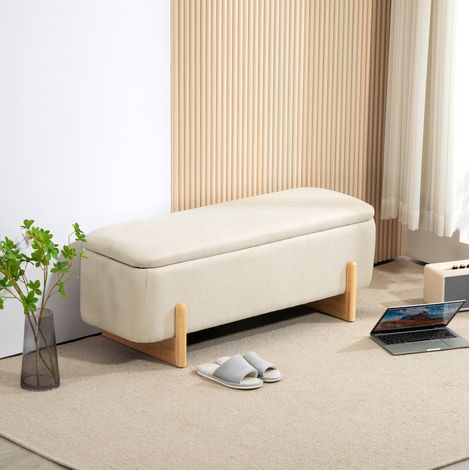 CHICFURN Banco con almacenaje 111 x 44 x 44,5 cm beige efecto lino, patas de madera (1/5)