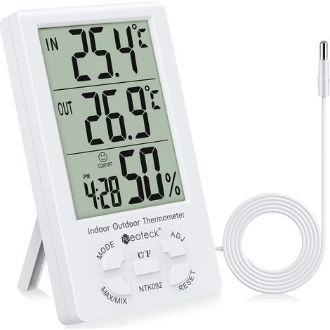 Thermomètre Hygromètre Numérique LCD Intérieur Extérieur Hygro-thermomètre Thermostat Humidité Mesure de Température 1.5m Min/Max Fil de Capteur pour la Hôtel Chambre Hôpital Blanc (1/5)