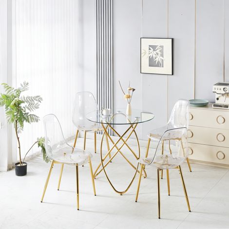 Conjunto de Mesa y 4 Sillas de Comedor, Asiento de Terciopelo, Respaldo Alto, en Metal, Dorado (1/3)