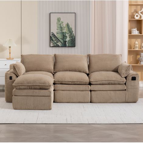 Sofá modular 3 plazas 263x167x85 cm caqui en pana con reposapiés, cojines y bolsillos laterales (1/5)
