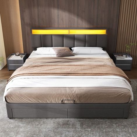 Bett mit Stauraum, Bettkasten 180x200 mit Lattenrost, Bett für 2 Personen mit Kopfteil, 2 Schubladen, Grau (1/5)