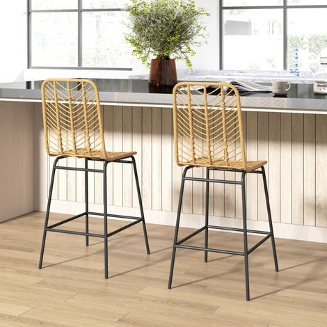 Taburetes de bar con respaldo, lote de 2, ratán PE, 42,5 x 52 x 102 cm, amarillo y negro (1/5)