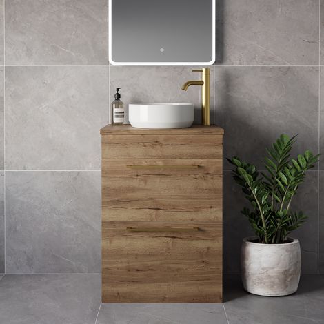 Napoli 390 Tobacco Oak 600mm 2 Drawer Vanity Unit for Countertop Basins - 600mm - Brushed Brass 320mm Handle