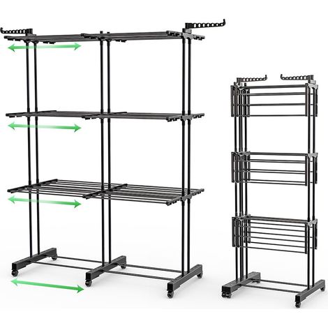 Séchoir à Linge Extensible Grande Capacité Tour de Séchage 3 Niveaux Pliable 40m d’Étendage Étendoir Vertical Multifonction pour Intérieur et Extérieur Noir (1/5)
