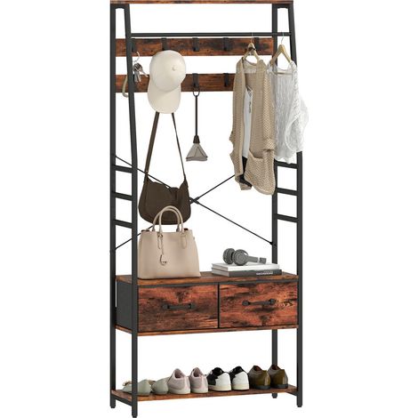 Industrial Hall Tree Coat Rack with Shoe Storage Bench, 10 Removable Hooks, 2 Fabric Drawers & Clothes Rail for Entryway and Hallway Organisation (1/5)