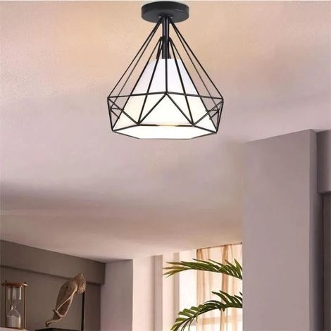 U-Do Plafonnier Industriel Lampe Abat - Jour Cage forme Diamant en Métal Noir design Vintage pour Cuisine Salon Bureau (1/4)