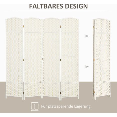 Paravent de séparation pliable 4 panneaux, motif tressé, pin blanc, cloison décorative pliante (1/4)