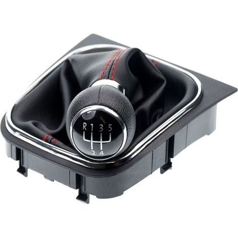 Schwarzer Schalthebelbalg + Schaltknauf + Rahmen, als Komplettset mit 5-Gang-Taste, erhältlich als Plug-and-Play-Ersatzteil. 5 Gänge, rote Ziernähte. (1/5)
