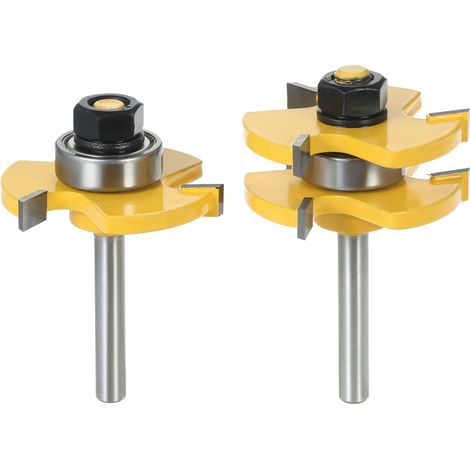 Juego de 2 fresas para ranurar y machihembrar, de 9 mm (3/4") de diámetro y 6 mm (1/4") de largo, con 3 dientes en forma de T, para trabajar la madera. (1/5)