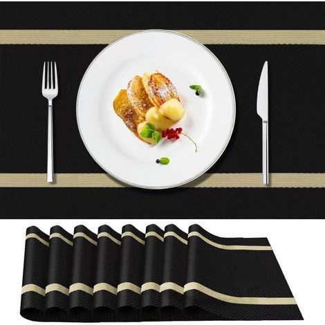 Set mit 8 abwaschbaren PVC-Tischsets, rutschfest, strapazierfähig, hitzebeständig, leicht zu reinigen und zu verstauen, 45 cm x 30 cm, Schwarz (1/5)