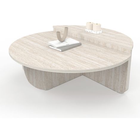 Lot 2 runde Couchtische GUILIA asymmetrisch Travertin-Effekt