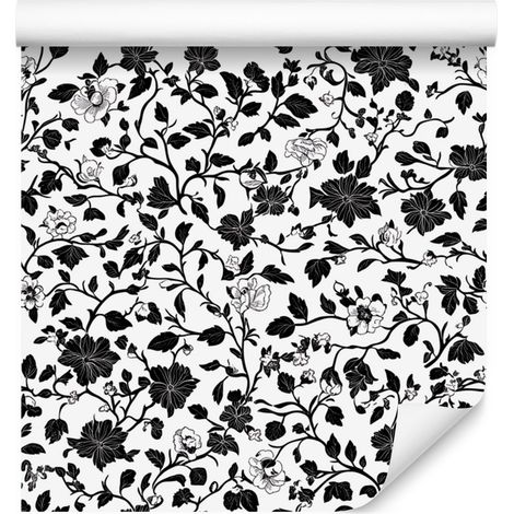 Papier peint à fleurs noires et blanches, gris et gris clair, 50 x 1000 cm (1/5)