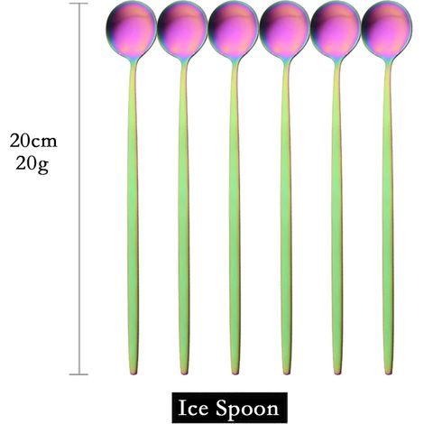 Cuillères à long manche mates (6 pièces, coloris variés) pour remuer les boissons, couverts en acier inoxydable