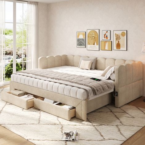 DESVIAE Lit de jour rembourré extensible avec 2 tiroirs de rangement ports USB et Type C 90x200 cm extensible 180x200 cm chenille beige (1/5)
