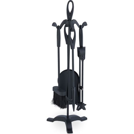 Relaxdays Set 5 Attrezzi da Camino o Stufa, Attizzatoio, Pala, Scopino, Pinza e Supporto Utensili Caminetto, Ferro, Nero