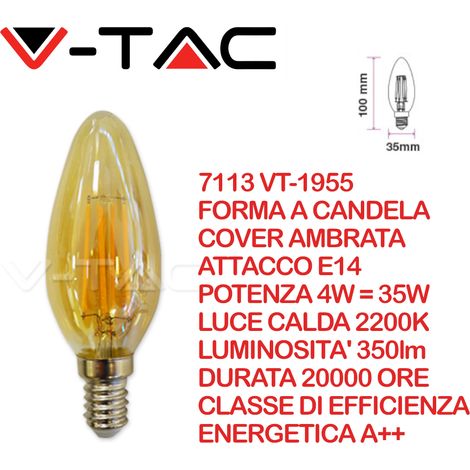 V-TAC VT-1955 7113 Lampadina LED E14 4W Candela Filamento Ambrato 2200K (1/5)