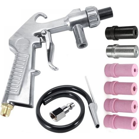 Pistolet Sablage Air Comprimé Sandblaster avec Tuyau d'Alimentation de 1 M, Pistolet à Sable Sand Blaster avec 3 Buse de 6mm de Céramique, Métallique Blanche et Noire, un Raccord d'Air