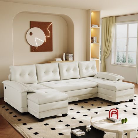 AMXCNOY Canapé-lit d'angle en forme de U de 278 cm, convertible avec lit gigogne, fonction de chargement USB, accoudoirs amovibles, très grand format, design modulable, canapé moderne pour salon, blan (1/5)
