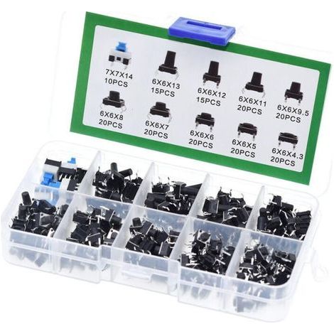 180 pièces Interrupteurs à bouton-poussoir tactiles, Kit d'assortiment d'interrupteurs, bouton-poussoir momentanés à 4 broches, pour Arduino (6 X 6, 7 X 7 mm) (1/5)