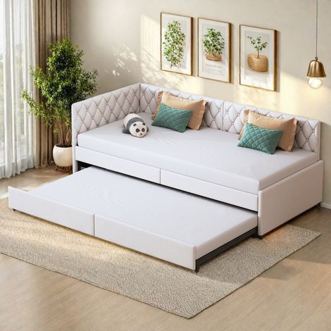 Lit gigogne velours beige 205 x 96.5 x 70 cm - Canapé-lit extensible avec dossier et accoudoirs - Sommier à lattes - Pour adolescents et invités