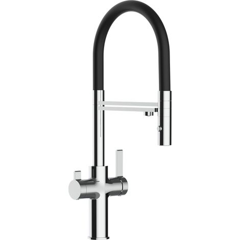 3 Wege Wasserhahn Küchenarmatur Spültischmischer, Verchromt mit 360° schwenkbarem Auslauf, abnehmbare 2 strahl Handbrause, Flex-Schlauch oben in Schwarz - VZFC Linie (1/5)