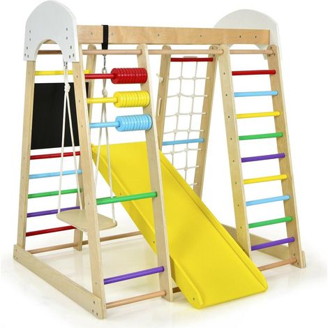 Montage facile aire de jeux d'escalade en bois 8-en-1 avec toboggan réversible, pour enfants dès 3 ans (1/5)