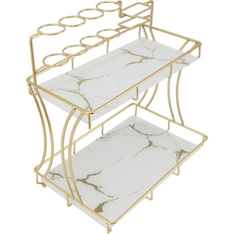 Étagère de rangement de comptoir à double niveau, étanche, avec porte-brosse à dents électrique, pour salle de bain, fond blanc et grain doré. (1/5)