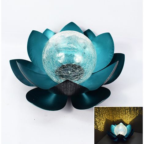 Lampe solaire à LED en forme de fleur en verre craquelé - Décoration de jardin - Lanterne solaire en métal - Nénuphar - Lampe de table extérieure (bleu)