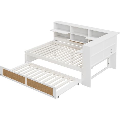 Cama multifunción 140 x 200 cm blanca con cama nido, puertos USB y almacenaje (1/5)