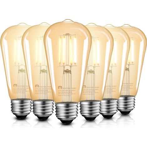 6 bombillas LED Edison Vintage E27, luz blanca cálida 2500K, 6,5W, cristal ámbar. (1/3)