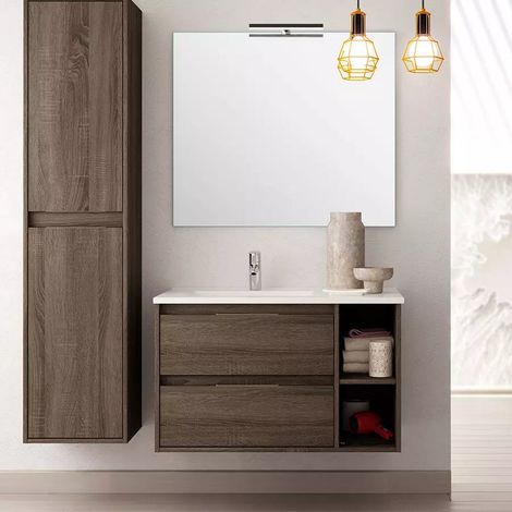 Ensemble meuble de salle de bain 80cm vasque déportée + colonne de rangement - Britannia (chêne foncé) - OLYMPE (1/5)