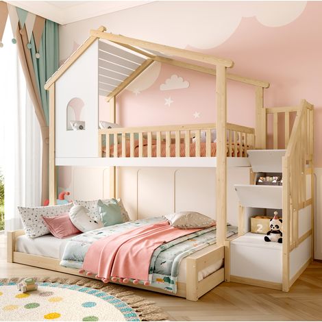Etagenbett Kiefernholz Natur/Weiß 90x200 cm + 140x200 cm mit Stauraumleiter und Hausdesign (1/5)