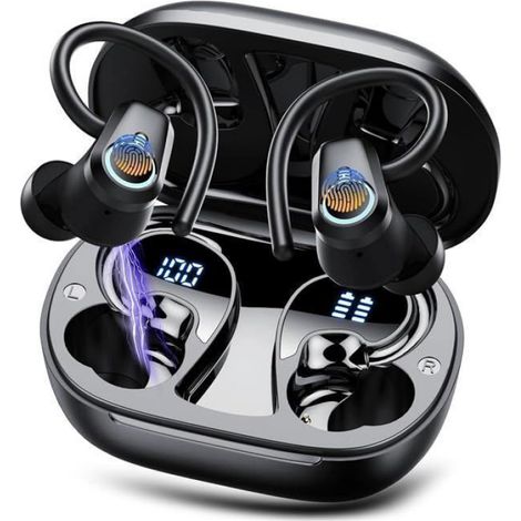 Écouteurs sans fil Bluetooth 5.3 Casque de Sport Réduction du Bruit avec Mic Crochets d’oreille, IP7 étanches HiFi Stéréo 50H Noir (1/5)
