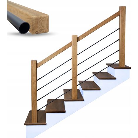 Rambarde escalier bois chêne massif avec tubes noirs, garde-corps intérieur design moderne