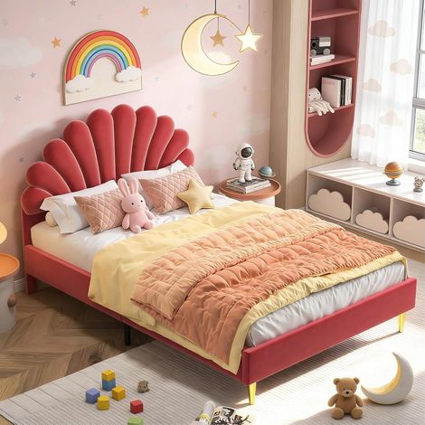 JOOKGBD–Letto Matrimoniale Imbottito 140x200 cm,Letto per Bambini e Ragazze,Testiera a Forma di Fiore,Rete a Doghe,Letto per Adolescenti,Velluto,Senza Materasso,Rosa