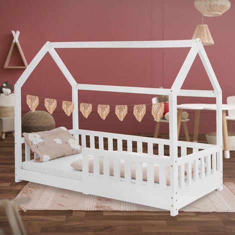 Ml-Design – Lit cabane enfant 80x160 cm blanc en bois massif – Protection anti-chute – Toit et sommier à lattes – Capacité 120 kg – Design scandinave