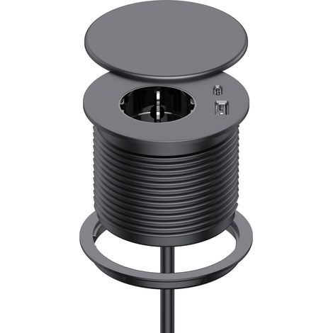 Prise Encastrable Plan de Travail avec 1 Prise, 1 Port USB C, 1 Port USB A, 80 mm de Diamètre, Prolongateur de 1,5M de Câble, Dinolink Prise avec Couvercle équipée pour la Cuisine, Les Meubles, Noir (1/5)