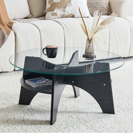 Runder Couchtisch Ø 80 cm aus gehärtetem Glas und schwarzem MDF HAVRYA (1/5)