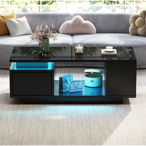 Schwarzer Couchtisch mit LED, Schublade und Seitenregalen 100 x 50 x 36 cm (1/5)