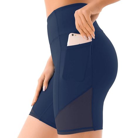Short de yoga taille haute en maille pour femme avec poches profondes, short cycliste de sport pour femme (1/5)