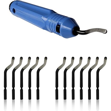 Dieses Entgratungsset beinhaltet einen rutschfesten Griff und 10 Entgratungsklingen und eignet sich für Holz, Metall, Kunststoff, Aluminium, Kupfer und Stahl. (1/5)