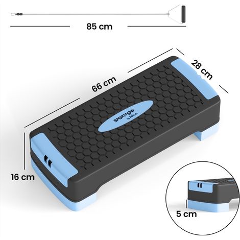 Pedana step regolabile in altezza, stepper aerobico fitness con 2 livelli (11/16 cm), 2 fasce elastiche, tappetino antiscivolo, blu (1/5)