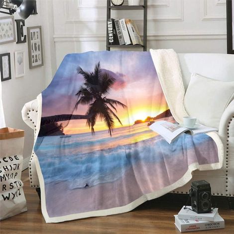 Manta de lana con estampado de olas marinas de 50 x 60 pulgadas: suave forro polar sherpa, estampado de palmeras tropicales, apta para aire acondicionado/verano, se puede usar en camas, sofás y sillon