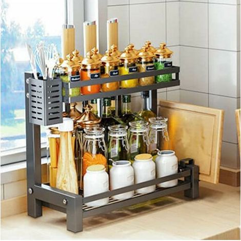 Étagère à Épices 2 Niveaux pour Armoire de Cuisine - Organisateur de Cuisine - 342141.7cm - Noir (1/4)