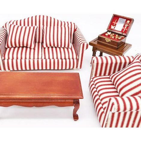 Décoration de salon pour maison de poupée miniature à l'échelle 1:12 : ensemble de 3 pièces avec coussin et canapé à rayures dorées incrustées. (1/5)
