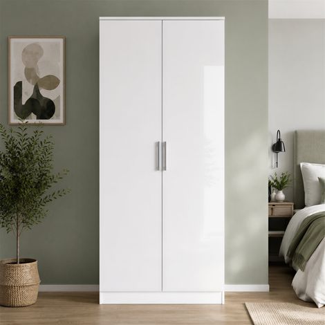 ELEGANT Wardrobe Storage 2 Doors White High Gloss Include Metal Handles and Removable Hanging Rod