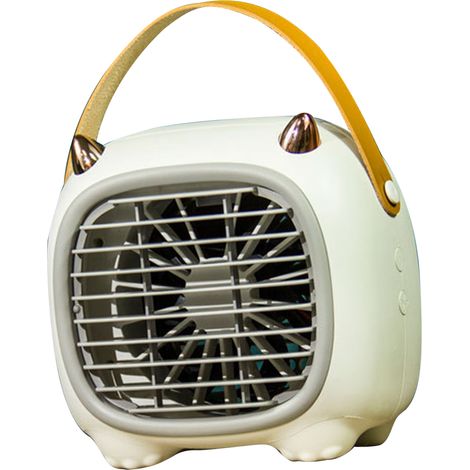 Mini ventilateur de bureau USB blanc avec brumisation, 3 vitesses, poignée souple, style cartoon, contrôle facile, pour bureau, école et famille (1/5)