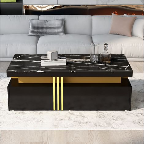 Meuble TV et table basse en panneaux de particules noirs effet marbre, ensemble salon moderne (1/5)